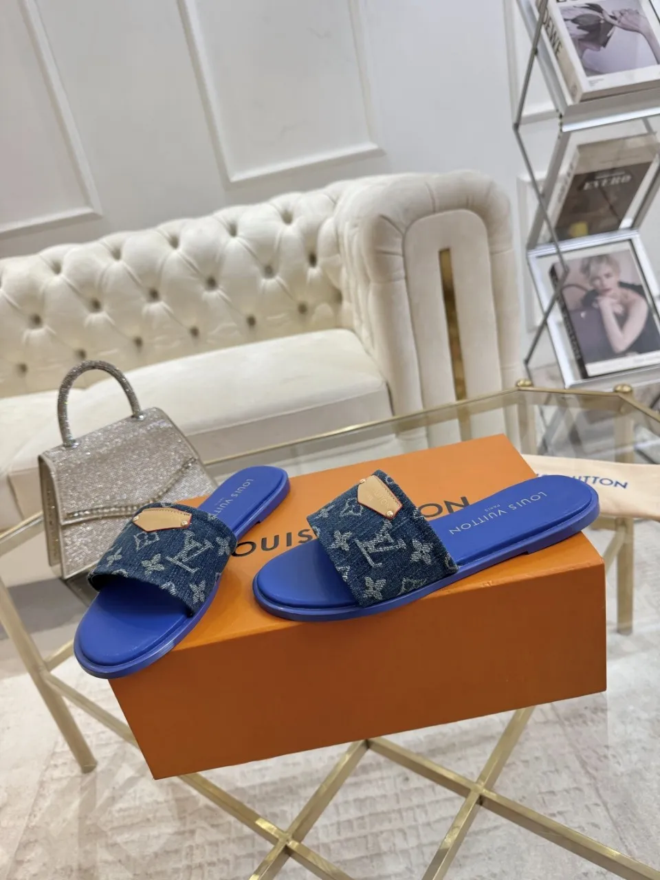 👟👟Ex-factory price 340👟👟 Genuine leather sole +40 Lv denim jacquard slippers, ex-factory price 70-43 Leather sole +40